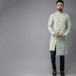 Men Sea Green & Blue Printed Fusion Straight Kurta