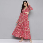 Red & Beige Floral Waist Cut-Out Maxi Dress