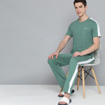 Men Green & White Side Stripes Pure Cotton Pyjama Set