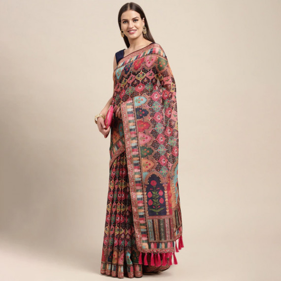 http://393881.2783915.xyz/products/peach-coloured-multicoloured-kalamkari-sequinned-linen-blend-block-print-saree